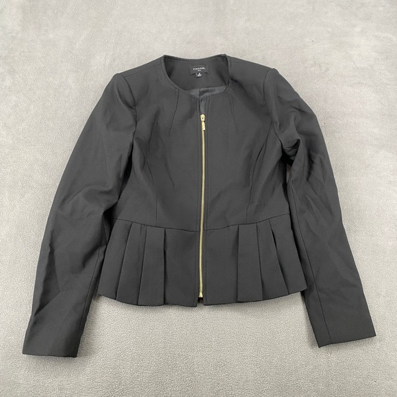 Tahari ASL Jackets & Blazers - Tahari ASL Womens Black Pleated Peplum Zip Front Collarless Blazer Jacket Size 4